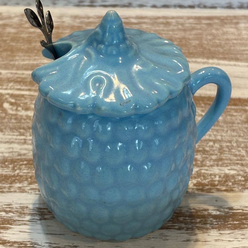 Vintage Blue Ceramic Jam Jar with Lid and Spoon
